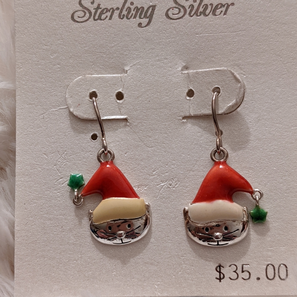 Christmas cat dangle earrings.  Sterling silver 925.